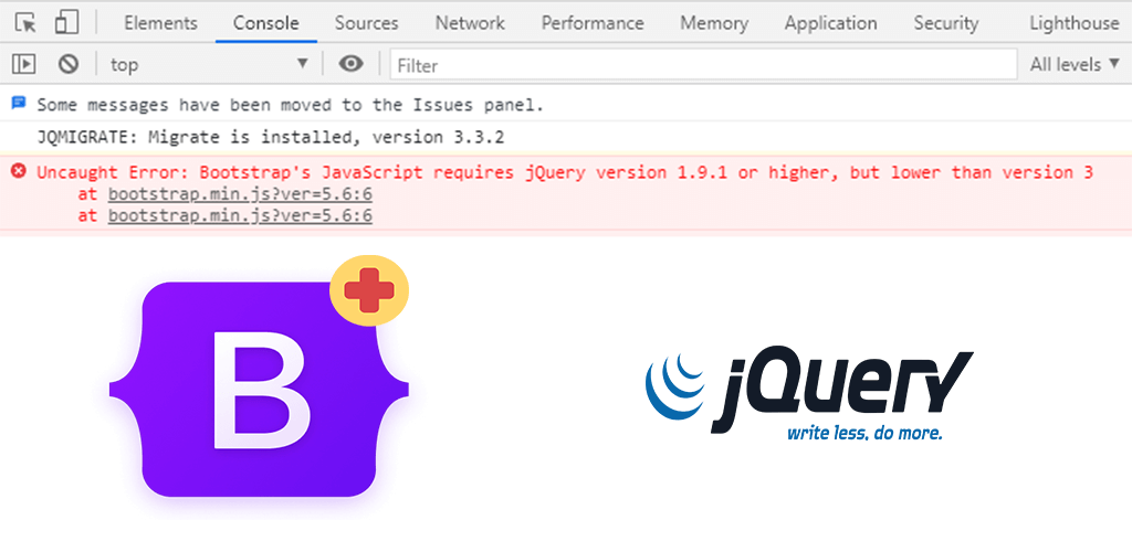 Error in console showing " Bootstrap's JavaScript requires jQuery version 1.9.1 or higher, but lower than version 3"